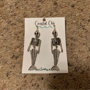 Brand new silver handcrafted mermaid skeleton spooky movable dangle earrings